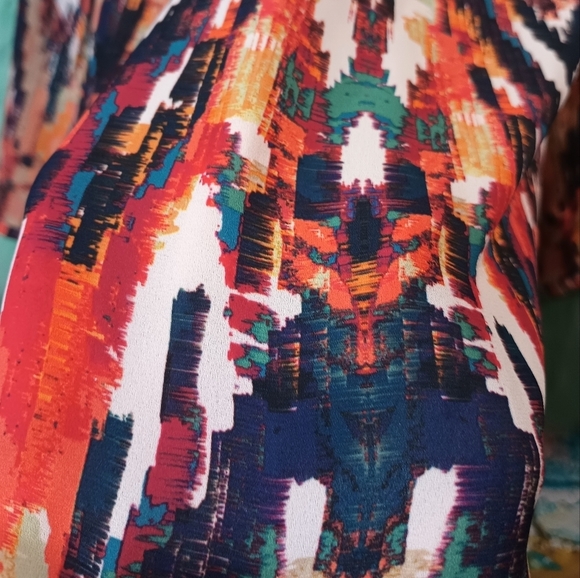 A.N.A Orange Blue and White Multi Color V-Neck Front Tie Long Sleeve Top Size L - Picture 6 of 9